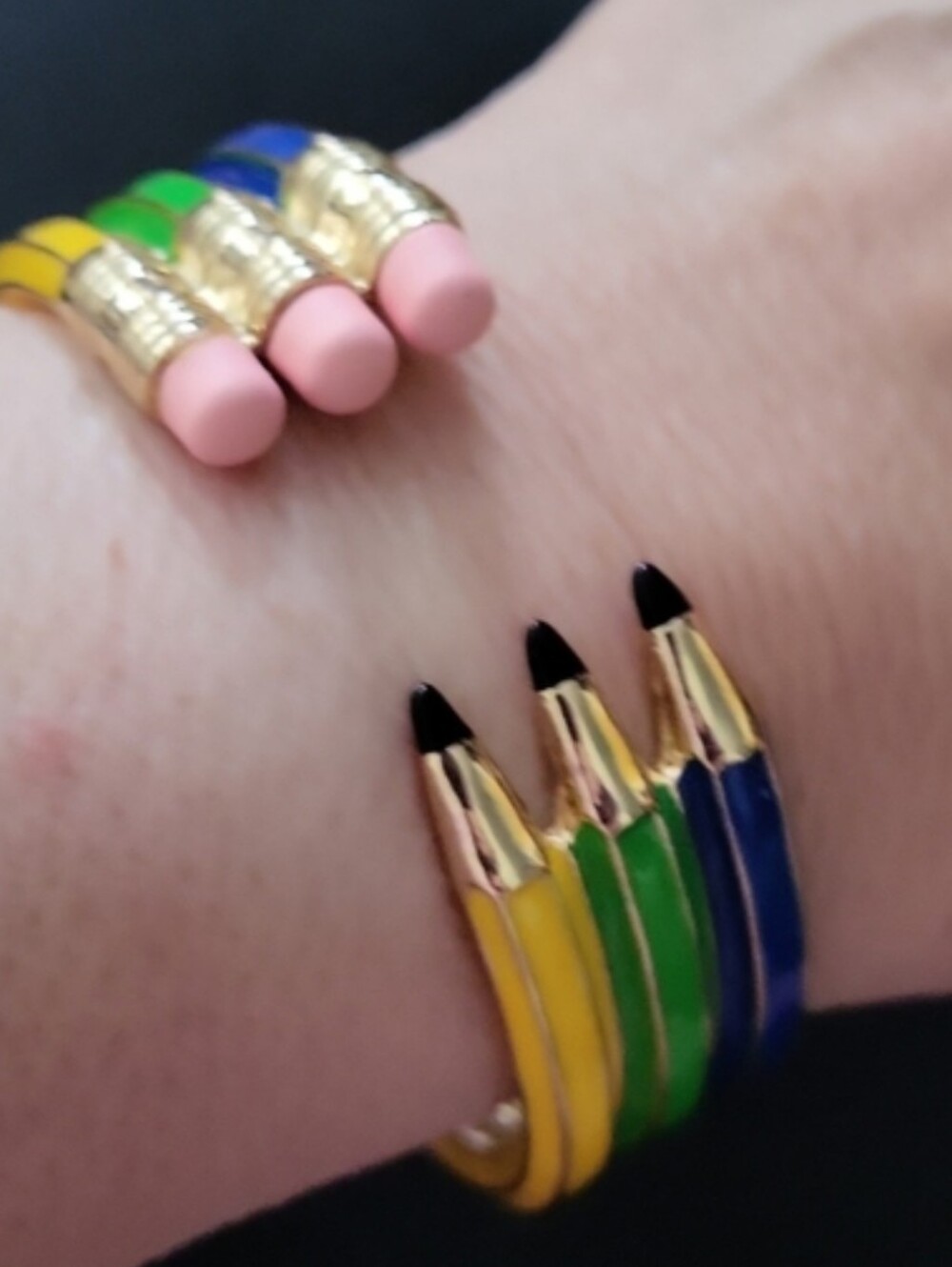 Betsey Johnson Multi-Color Enamel Pencil Charm Bracelet with Pink Eraser Accent